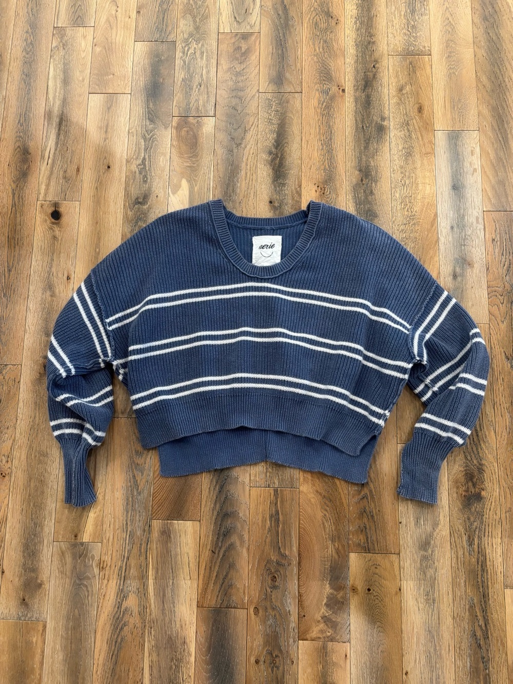aerie Blue and White Striped Cropped Crewneck Sweater